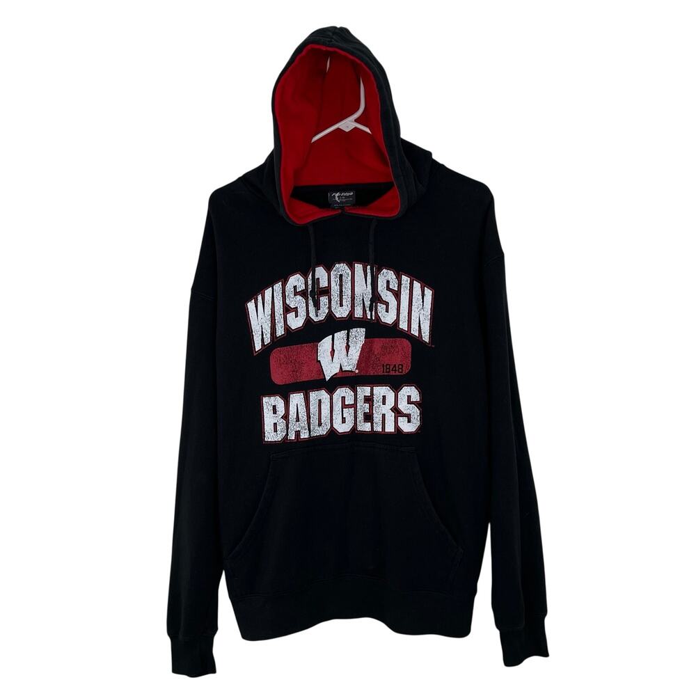 Wisconsin Badgers UW Hoodie Pullover L Black Drawstring Fan Apparel University